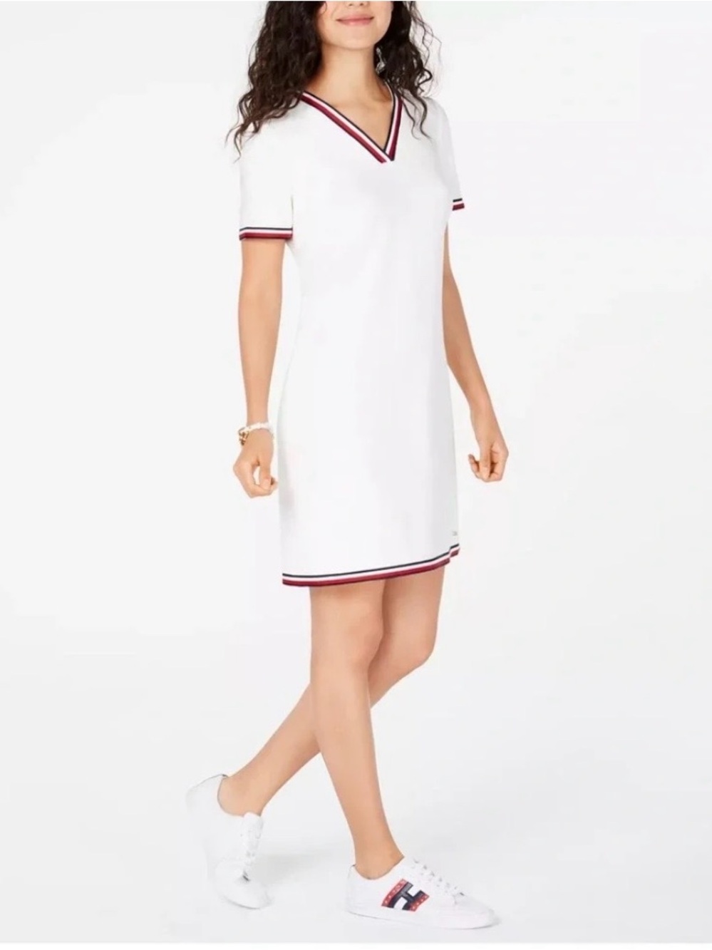 Tommy Hilfiger Women's White V-Neck Stripe Trim Short Sleeve Dress - Picture 2 of 4